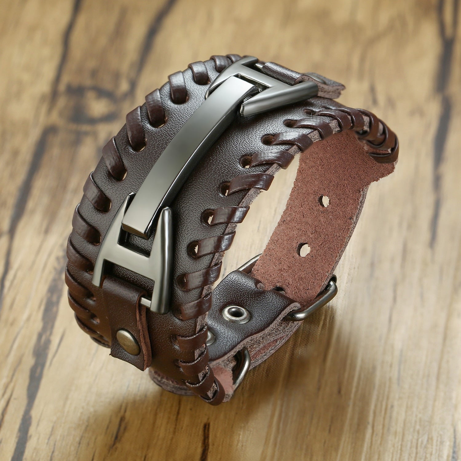 Viking Leather Wrap Bracelet for Men - Rock Punk Compass Charm, Adjustable Length Wrist Jewelry