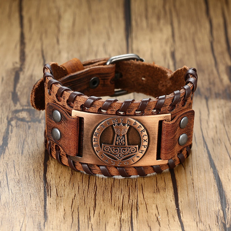 Viking Leather Wrap Bracelet for Men - Rock Punk Compass Charm, Adjustable Length Wrist Jewelry