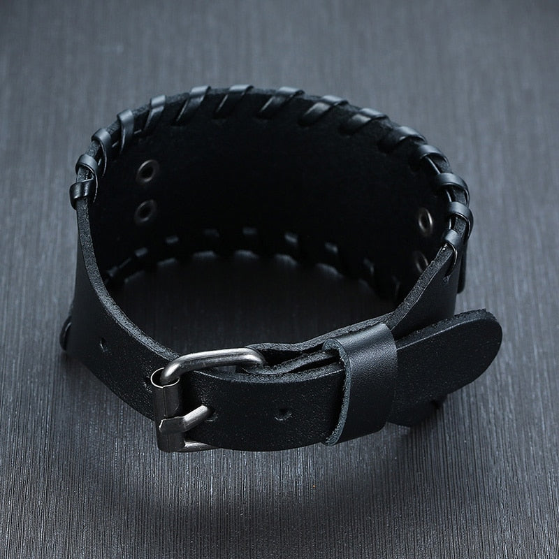 Viking Leather Wrap Bracelet for Men - Rock Punk Compass Charm, Adjustable Length Wrist Jewelry