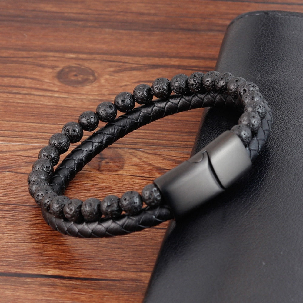 Outrigger Punk Leather & Stone Men's Bracelet - Multilayer Beads & Steel Magnetic Clasp