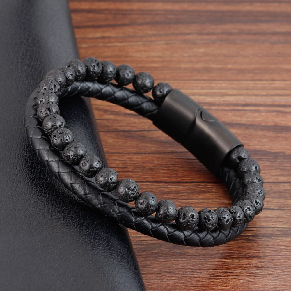 Outrigger Punk Leather & Stone Men's Bracelet - Multilayer Beads & Steel Magnetic Clasp