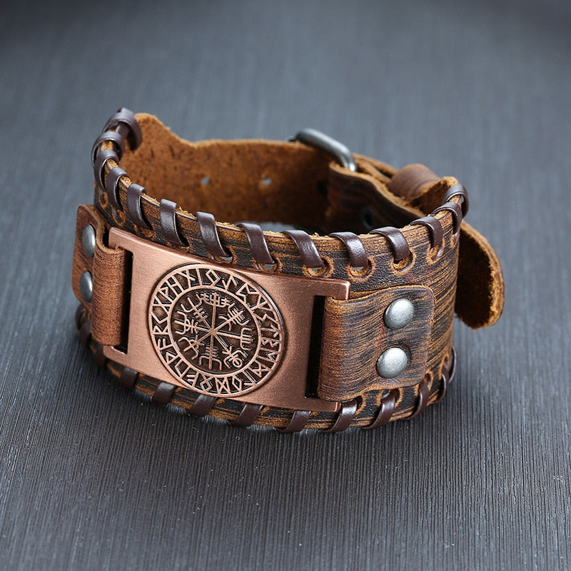 Viking Leather Wrap Bracelet for Men - Rock Punk Compass Charm, Adjustable Length Wrist Jewelry