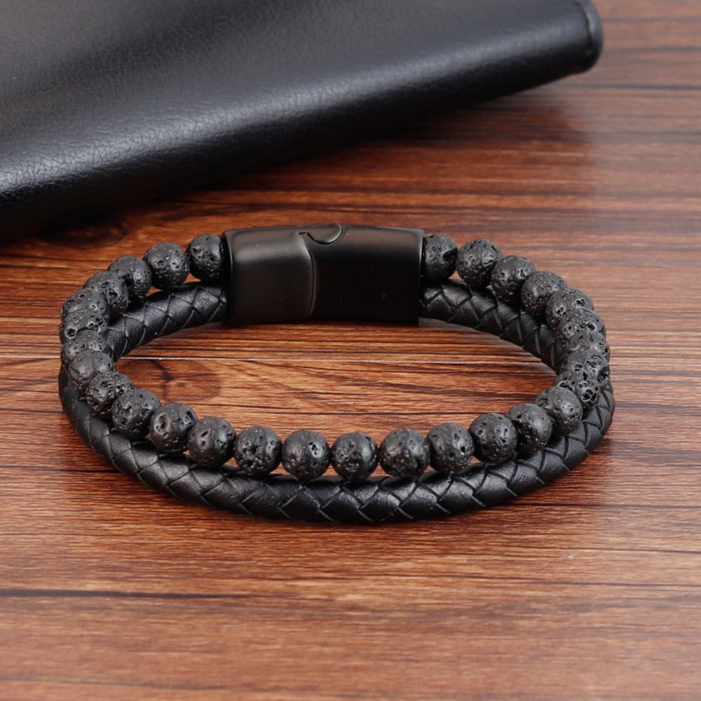 Outrigger Punk Leather & Stone Men's Bracelet - Multilayer Beads & Steel Magnetic Clasp