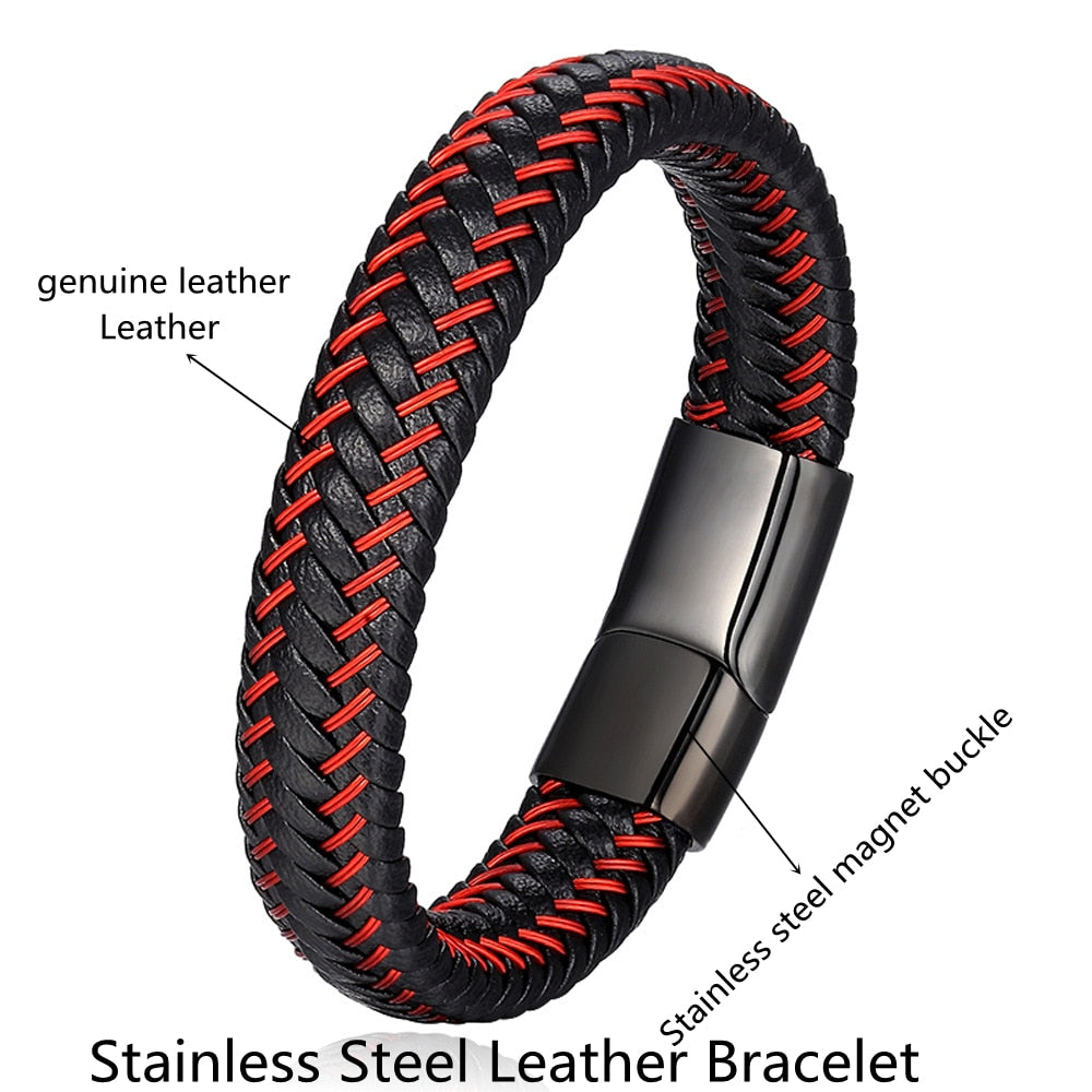 Coral Red Leather Braided Bracelet - Men's Stainless Steel Rope Design