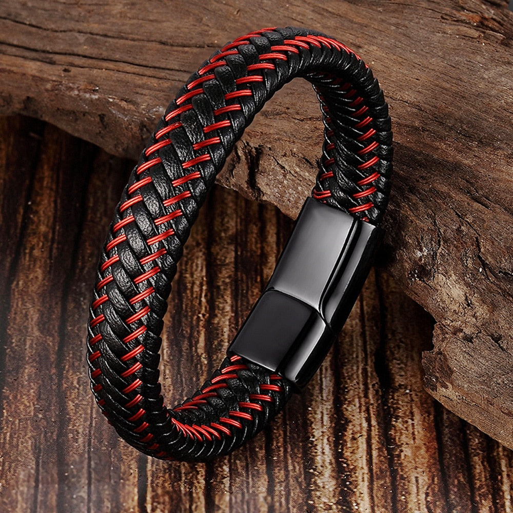 Coral Red Leather Braided Bracelet - Men's Stainless Steel Rope Design