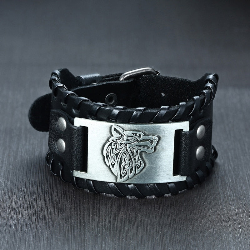 Viking Leather Wrap Bracelet for Men - Rock Punk Compass Charm, Adjustable Length Wrist Jewelry