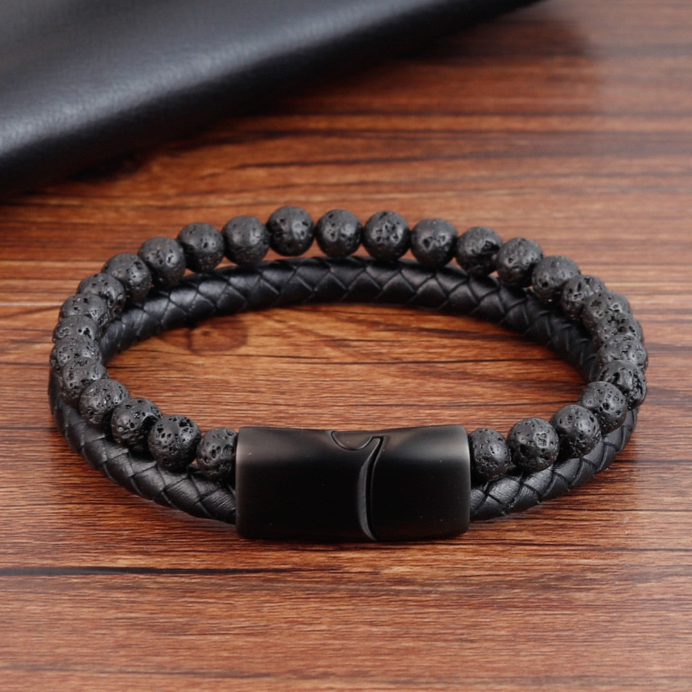 Outrigger Punk Leather & Stone Men's Bracelet - Multilayer Beads & Steel Magnetic Clasp
