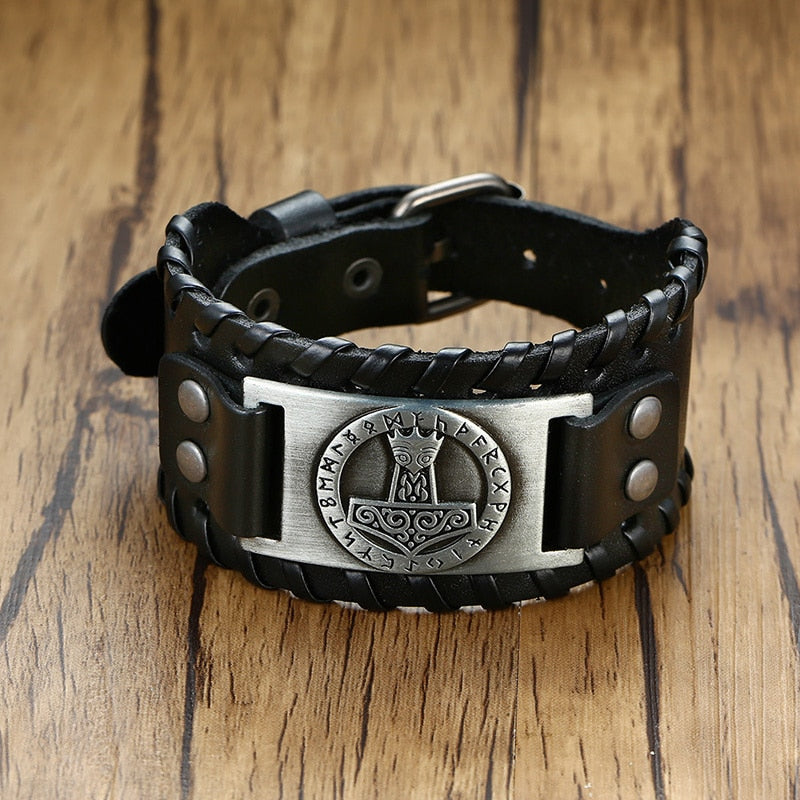 Viking Leather Wrap Bracelet for Men - Rock Punk Compass Charm, Adjustable Length Wrist Jewelry