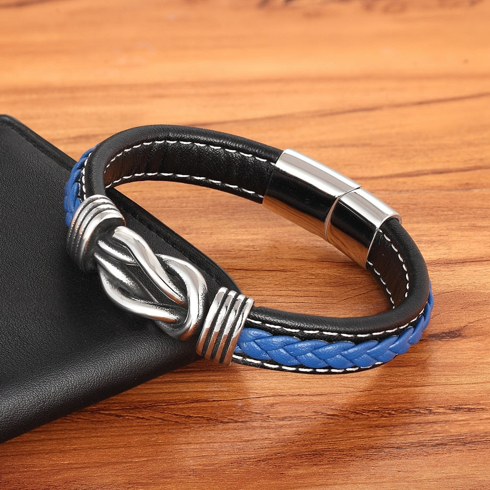 Deluxe Men's Leather Bracelet with Irregular Graphic - Stainless Steel Accent