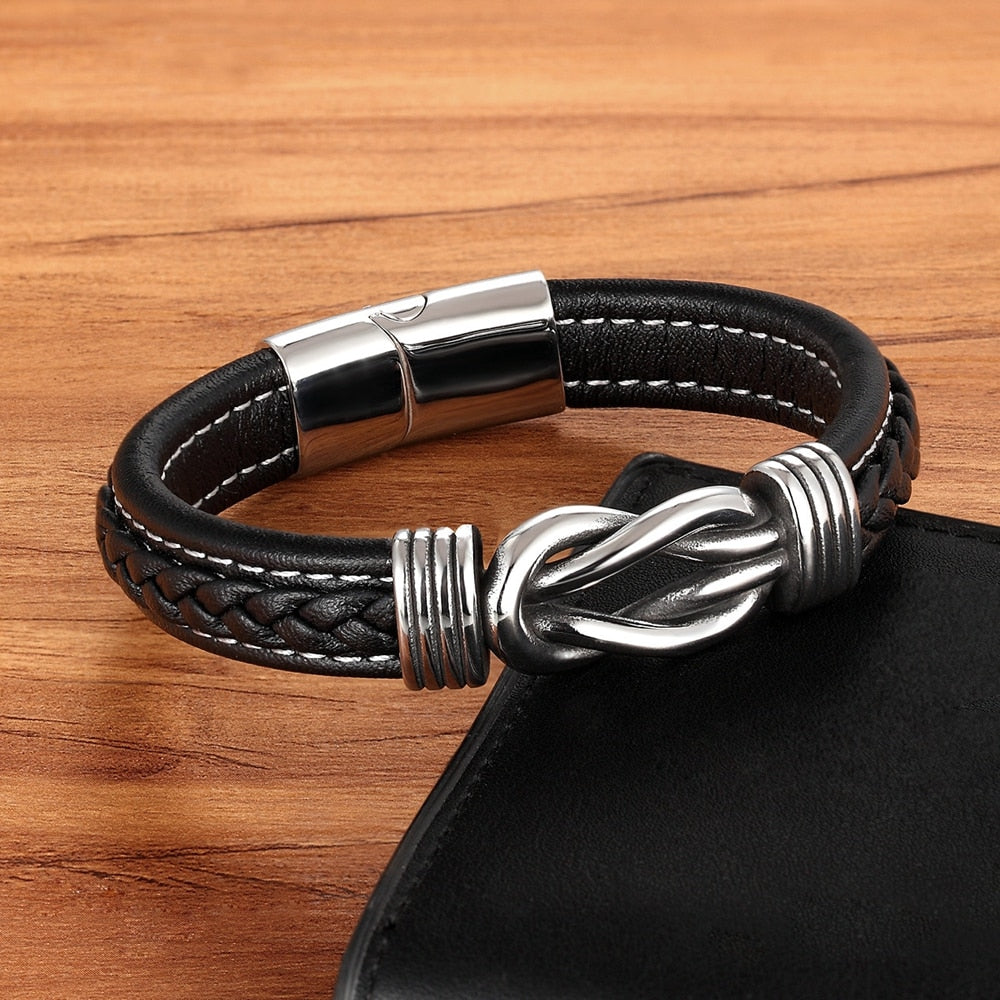 Deluxe Men's Leather Bracelet with Irregular Graphic - Stainless Steel Accent