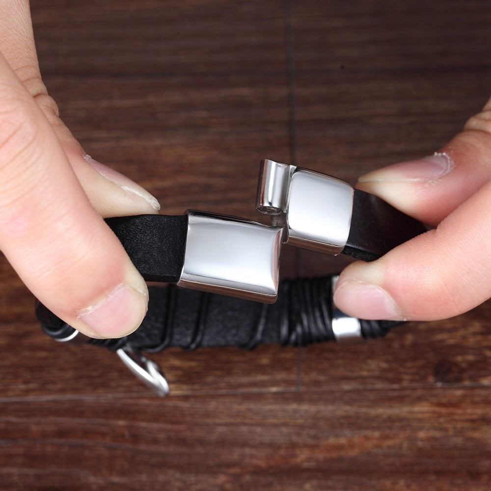 Deluxe Men's Leather Bracelet with Irregular Graphic - Stainless Steel Accent