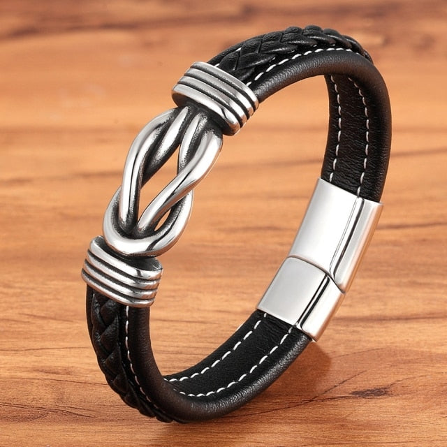 Deluxe Men's Leather Bracelet with Irregular Graphic - Stainless Steel Accent