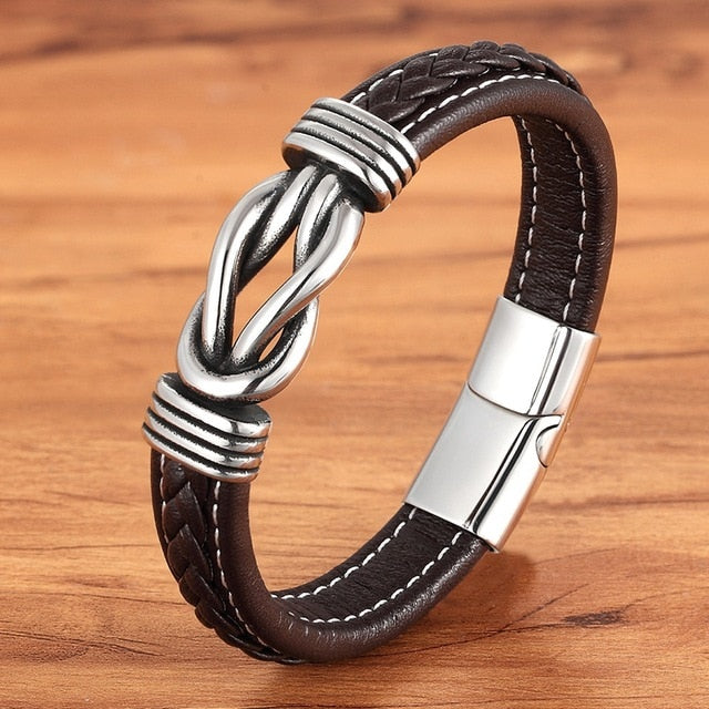 Deluxe Men's Leather Bracelet with Irregular Graphic - Stainless Steel Accent