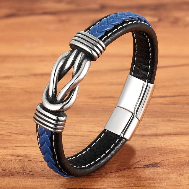 Deluxe Men's Leather Bracelet with Irregular Graphic - Stainless Steel Accent