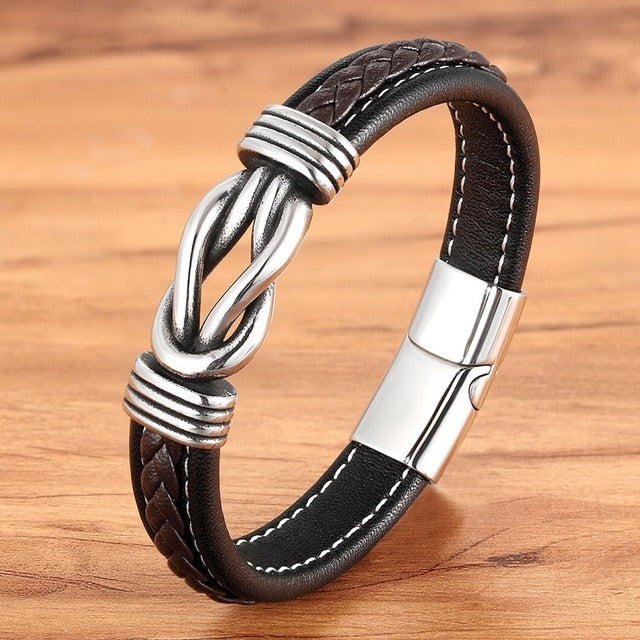 Deluxe Men's Leather Bracelet with Irregular Graphic - Stainless Steel Accent