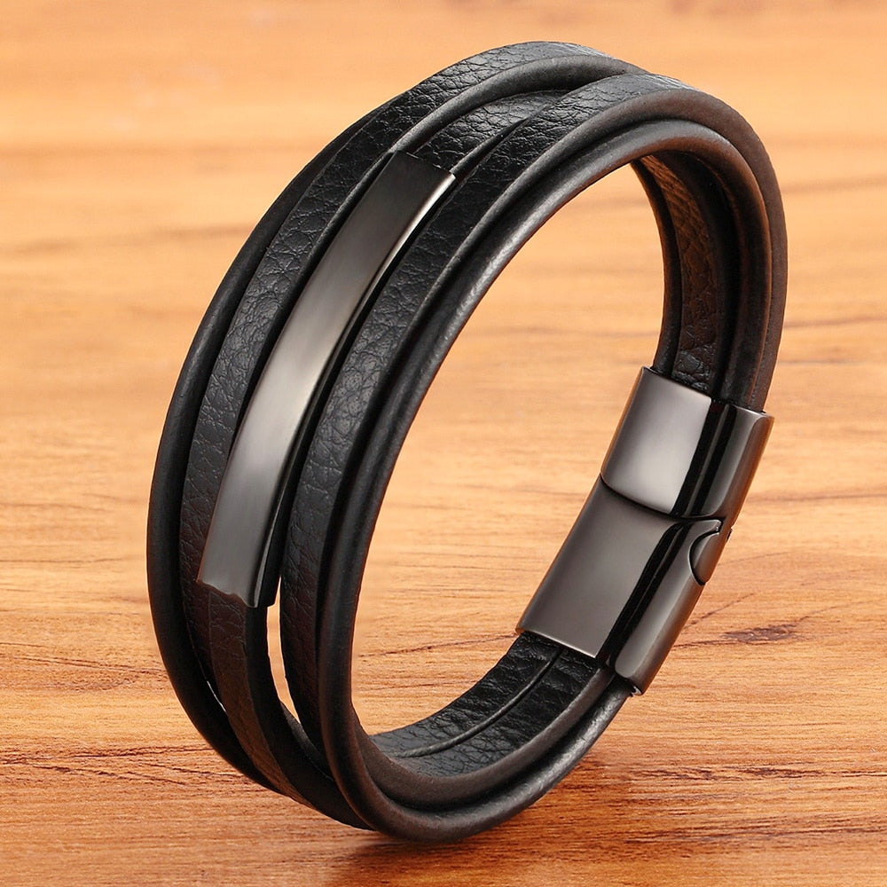 Arcadia Geometric Leather & Steel Men's Bracelet - Multi-layer Luxury Design