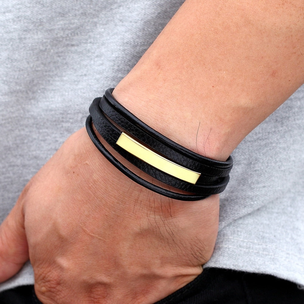 Arcadia Geometric Leather & Steel Men's Bracelet - Multi-layer Luxury Design