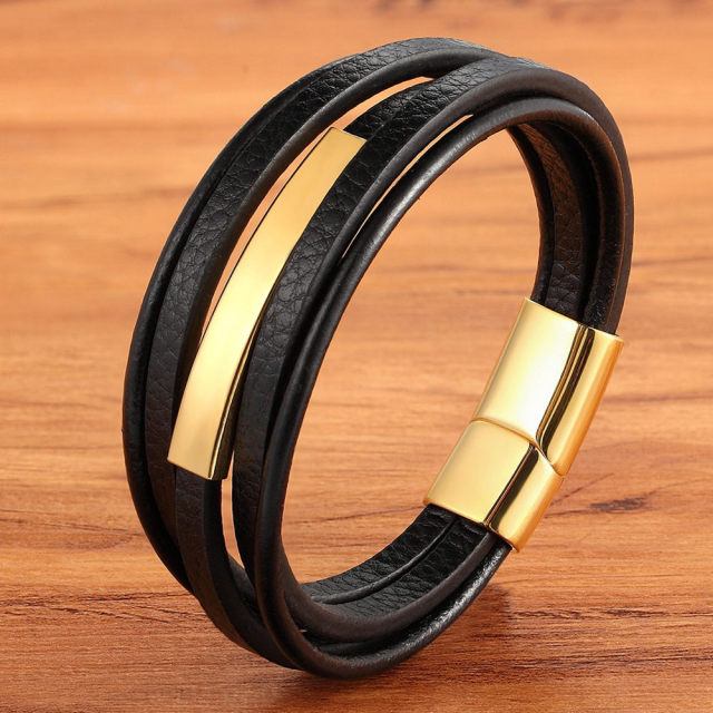 Arcadia Geometric Leather & Steel Men's Bracelet - Multi-layer Luxury Design