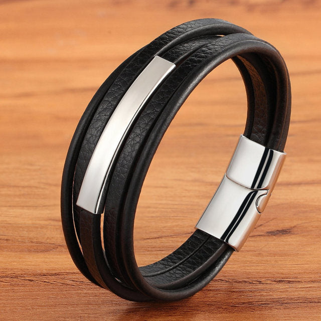 Arcadia Geometric Leather & Steel Men's Bracelet - Multi-layer Luxury Design