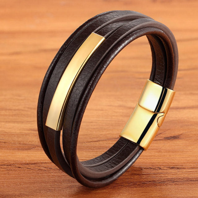 Arcadia Geometric Leather & Steel Men's Bracelet - Multi-layer Luxury Design