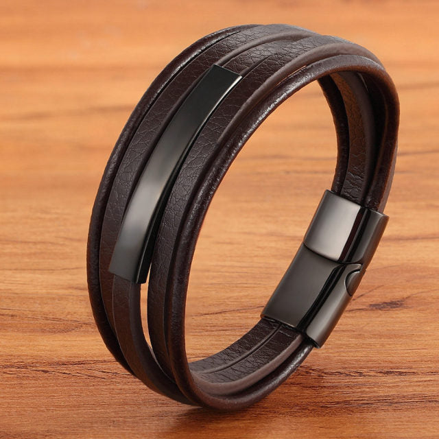 Arcadia Geometric Leather & Steel Men's Bracelet - Multi-layer Luxury Design