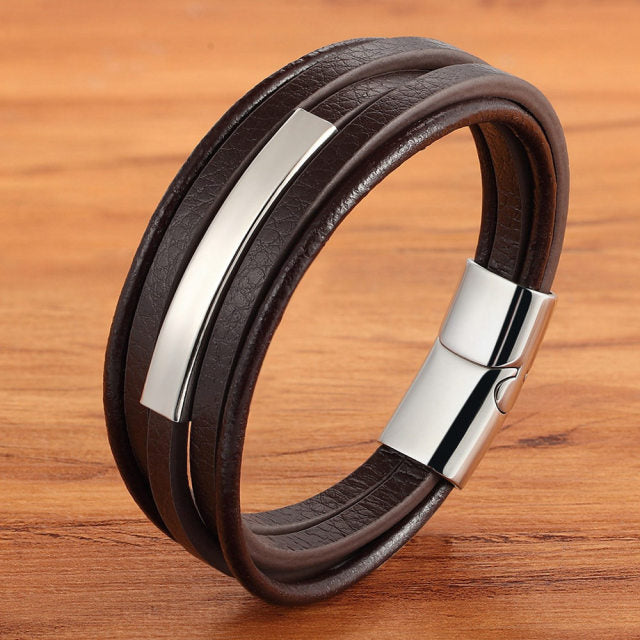 Arcadia Geometric Leather & Steel Men's Bracelet - Multi-layer Luxury Design