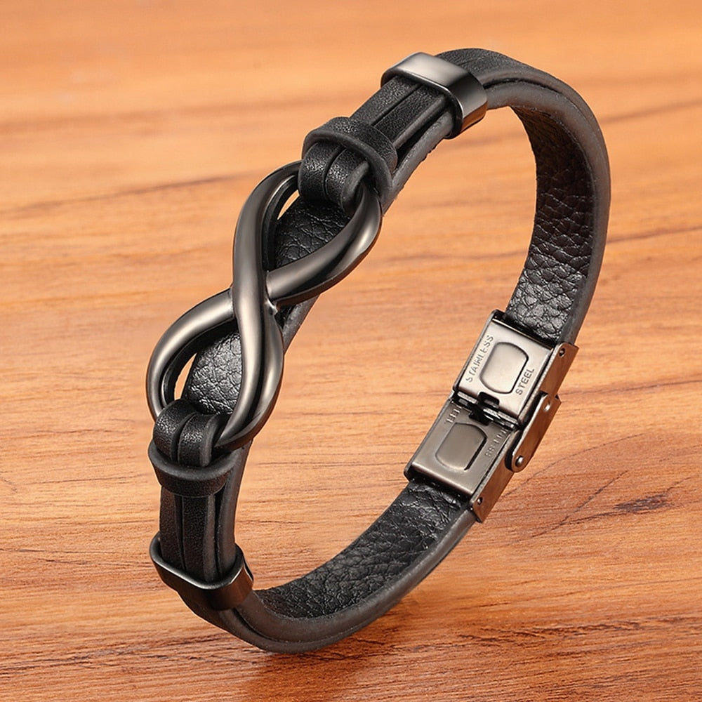 Infinity Luxe Stainless Steel Leather Infinity Bracelet – Elegant Patterned Men's Jewelry