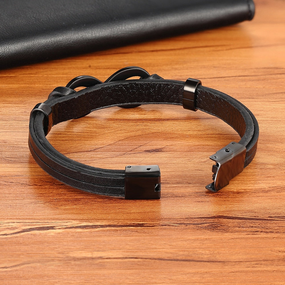 Infinity Luxe Stainless Steel Leather Infinity Bracelet – Elegant Patterned Men's Jewelry