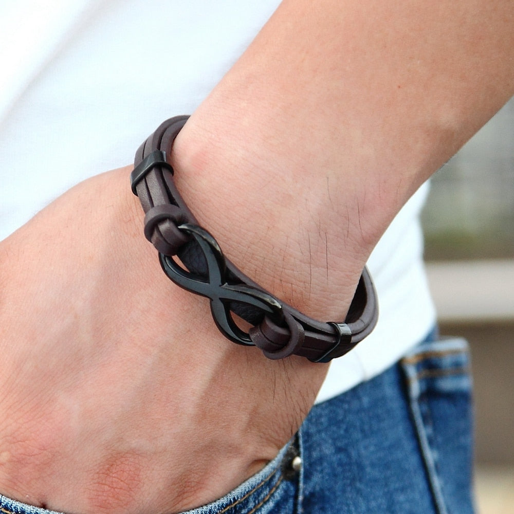 Infinity Luxe Stainless Steel Leather Infinity Bracelet – Elegant Patterned Men's Jewelry