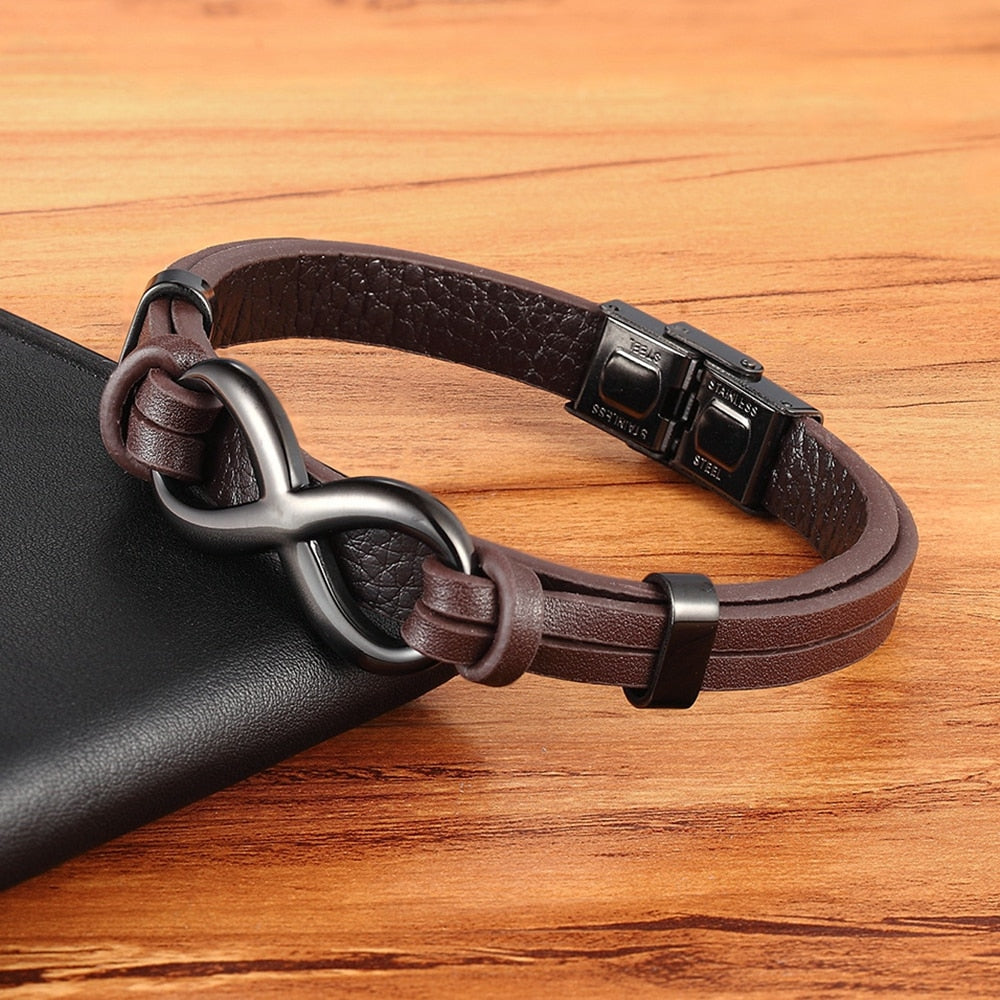 Infinity Luxe Stainless Steel Leather Infinity Bracelet – Elegant Patterned Men's Jewelry