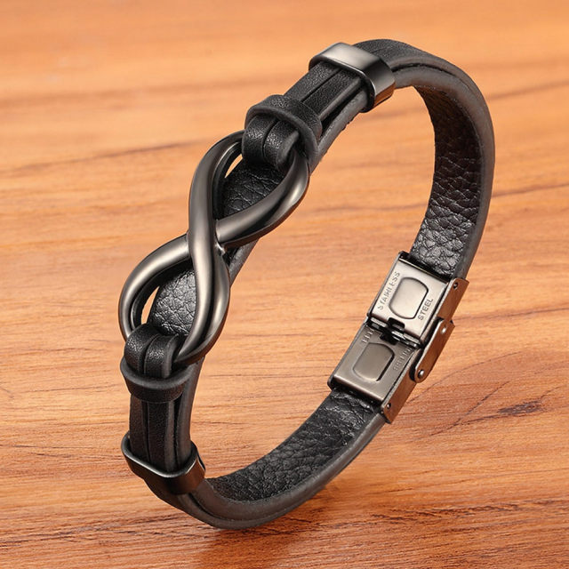 Infinity Luxe Stainless Steel Leather Infinity Bracelet – Elegant Patterned Men's Jewelry