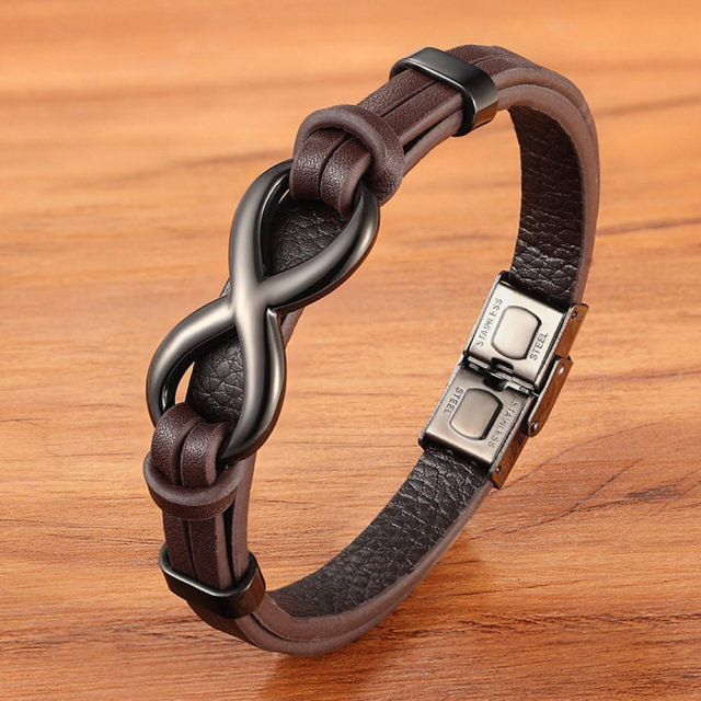 Infinity Luxe Stainless Steel Leather Infinity Bracelet – Elegant Patterned Men's Jewelry