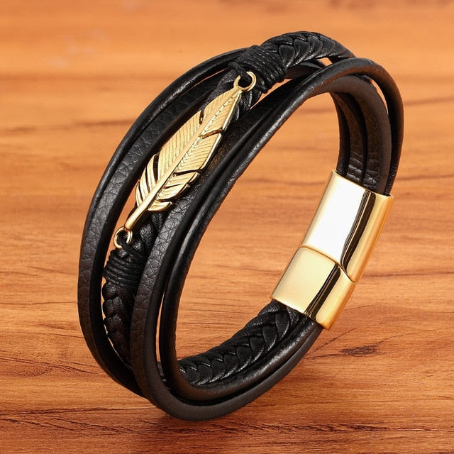 Elfih Feather Leather Bracelet Multi layered Stainless Steel Accessory for Men