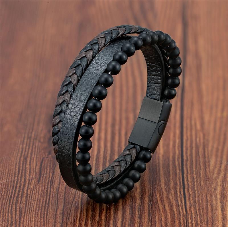 Volcanic Stone Men's Leather Bracelet - Stainless Steel Magnetic Clasp