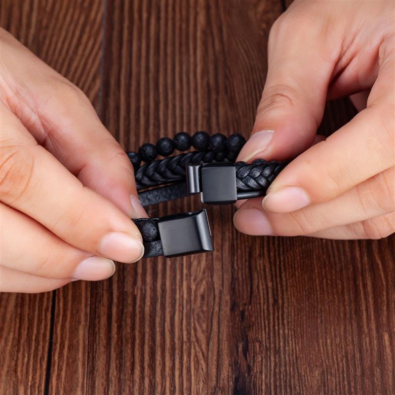 Volcanic Stone Men's Leather Bracelet - Stainless Steel Magnetic Clasp