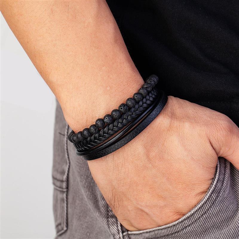 Volcanic Stone Men's Leather Bracelet - Stainless Steel Magnetic Clasp