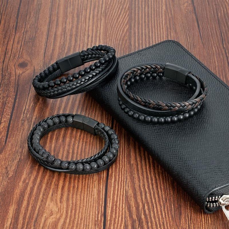 Volcanic Stone Men's Leather Bracelet - Stainless Steel Magnetic Clasp
