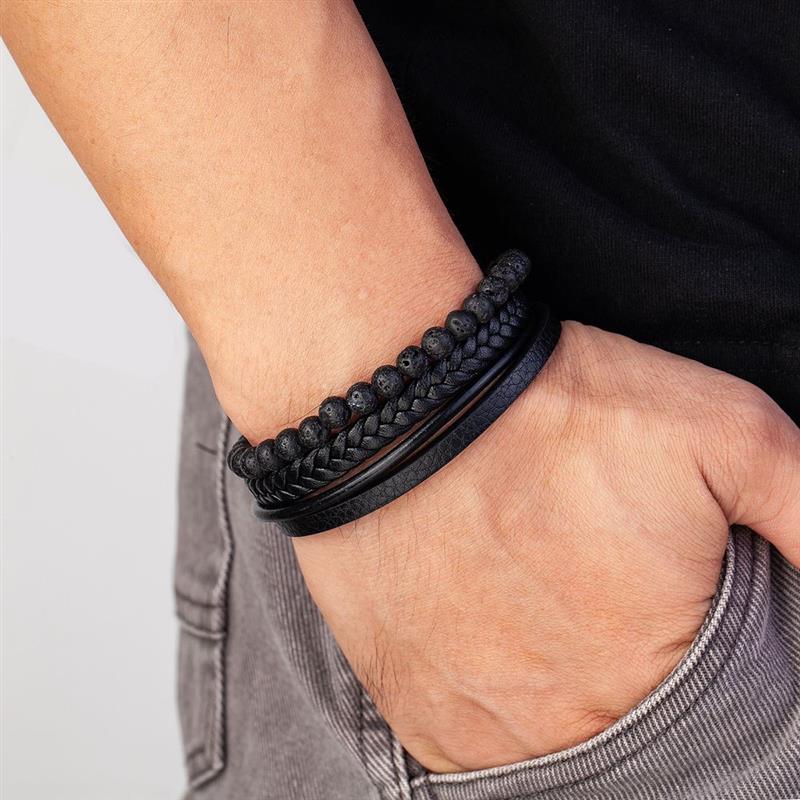Volcanic Stone Men's Leather Bracelet - Stainless Steel Magnetic Clasp