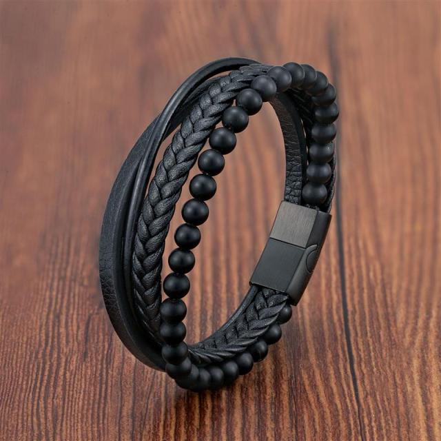 Volcanic Stone Men's Leather Bracelet - Stainless Steel Magnetic Clasp
