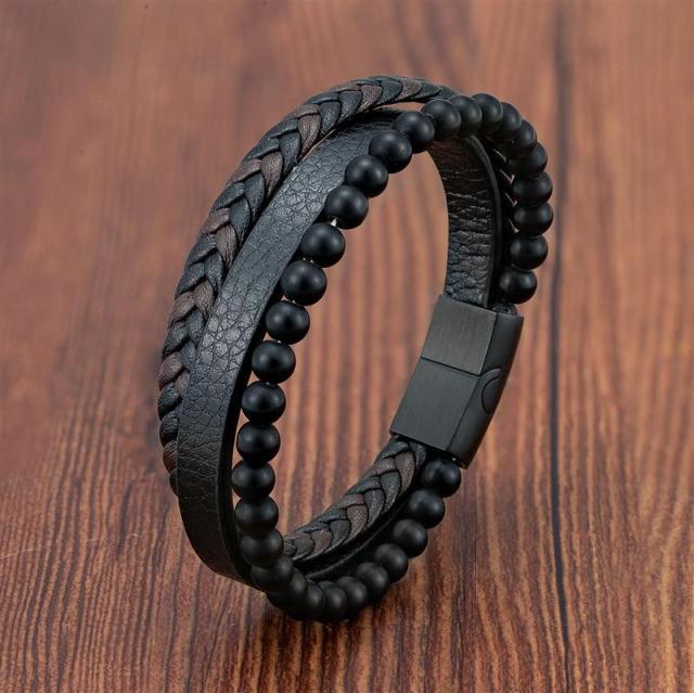 Volcanic Stone Men's Leather Bracelet - Stainless Steel Magnetic Clasp