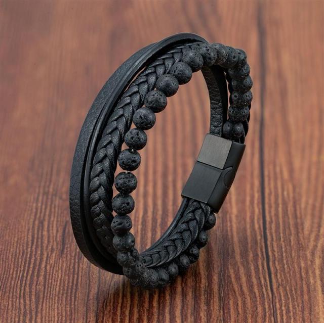 Volcanic Stone Men's Leather Bracelet - Stainless Steel Magnetic Clasp