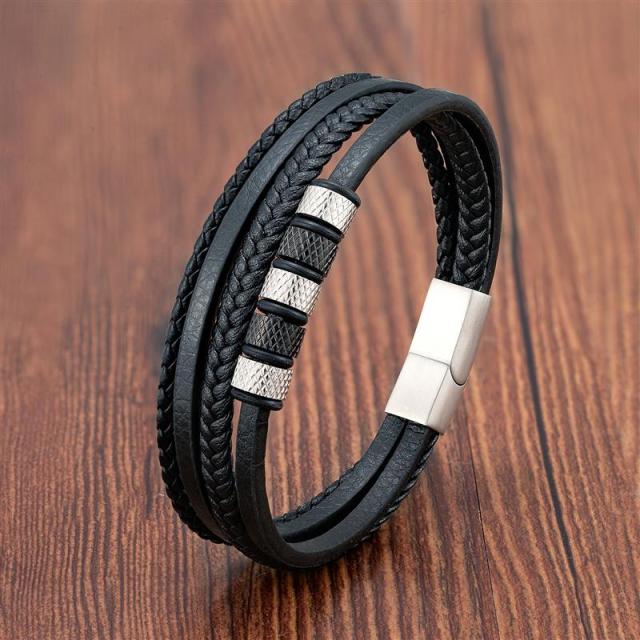 Volcanic Stone Men's Leather Bracelet - Stainless Steel Magnetic Clasp