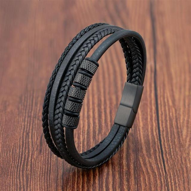 Volcanic Stone Men's Leather Bracelet - Stainless Steel Magnetic Clasp